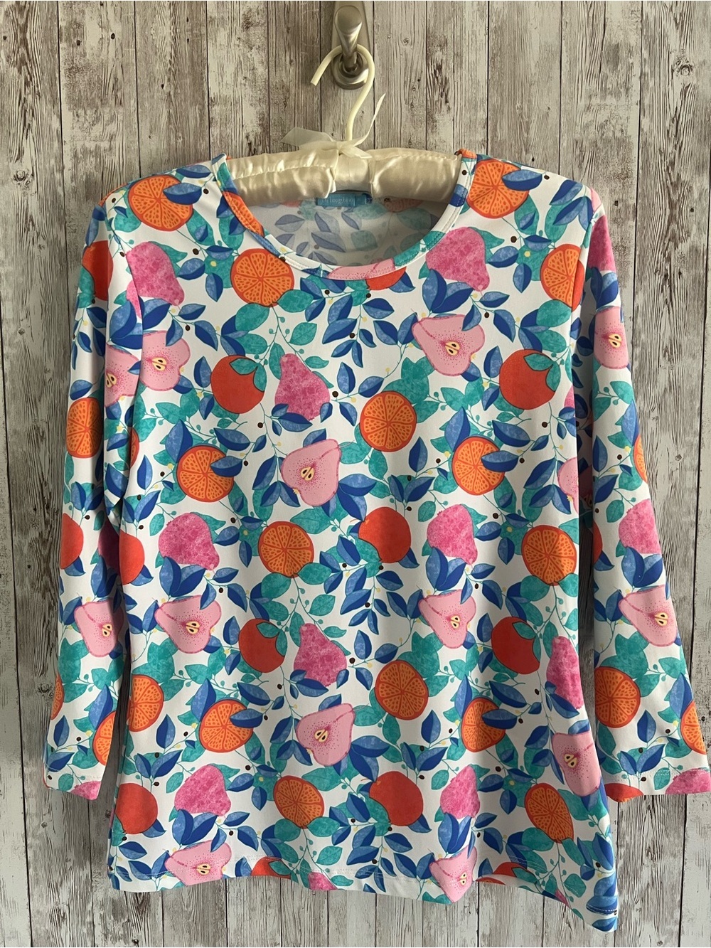 J. McLaughlin White Floral & Citrus Print 3/4 Sleeve Tee Stretchy Medium